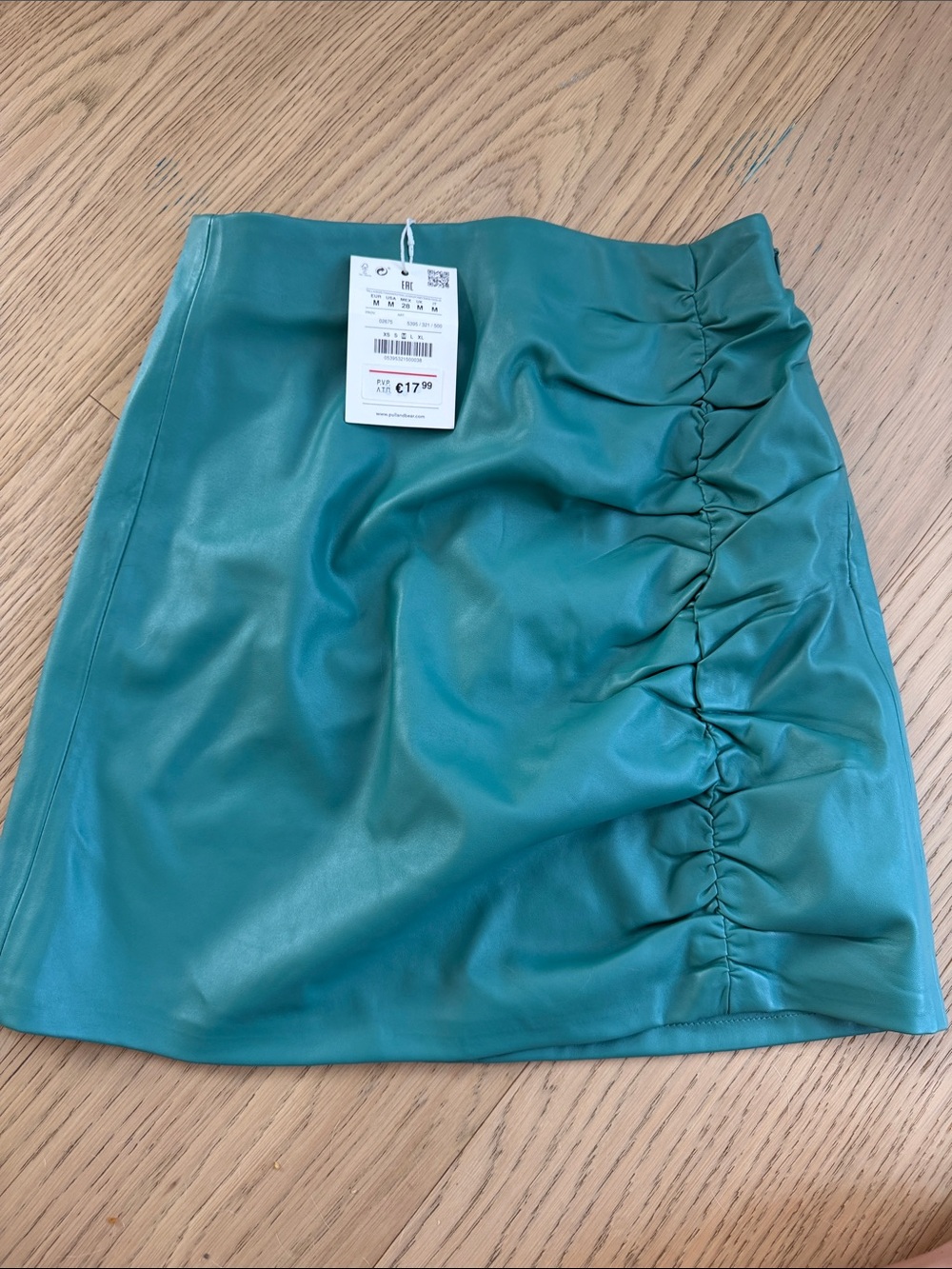 Pull&Bear Teal Ruched Faux Leather Mini Skirt